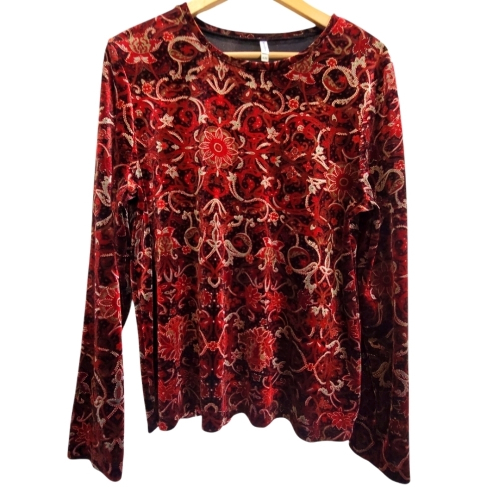 XL Red Velour Metallic Long Sleeve Stretchy Tunic